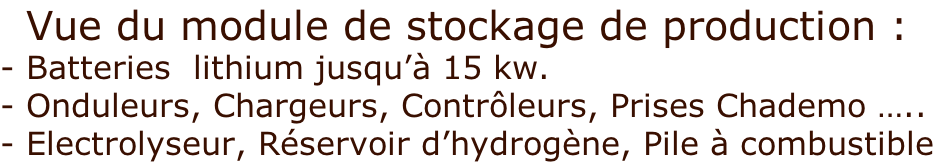 Vue du module de stockage de production : - Batteries  lithium jusqu’à 15 kw. - Onduleurs, Chargeurs, Contrôleurs, Prises Chademo ….. - Electrolyseur, Réservoir d’hydrogène, Pile à combustible